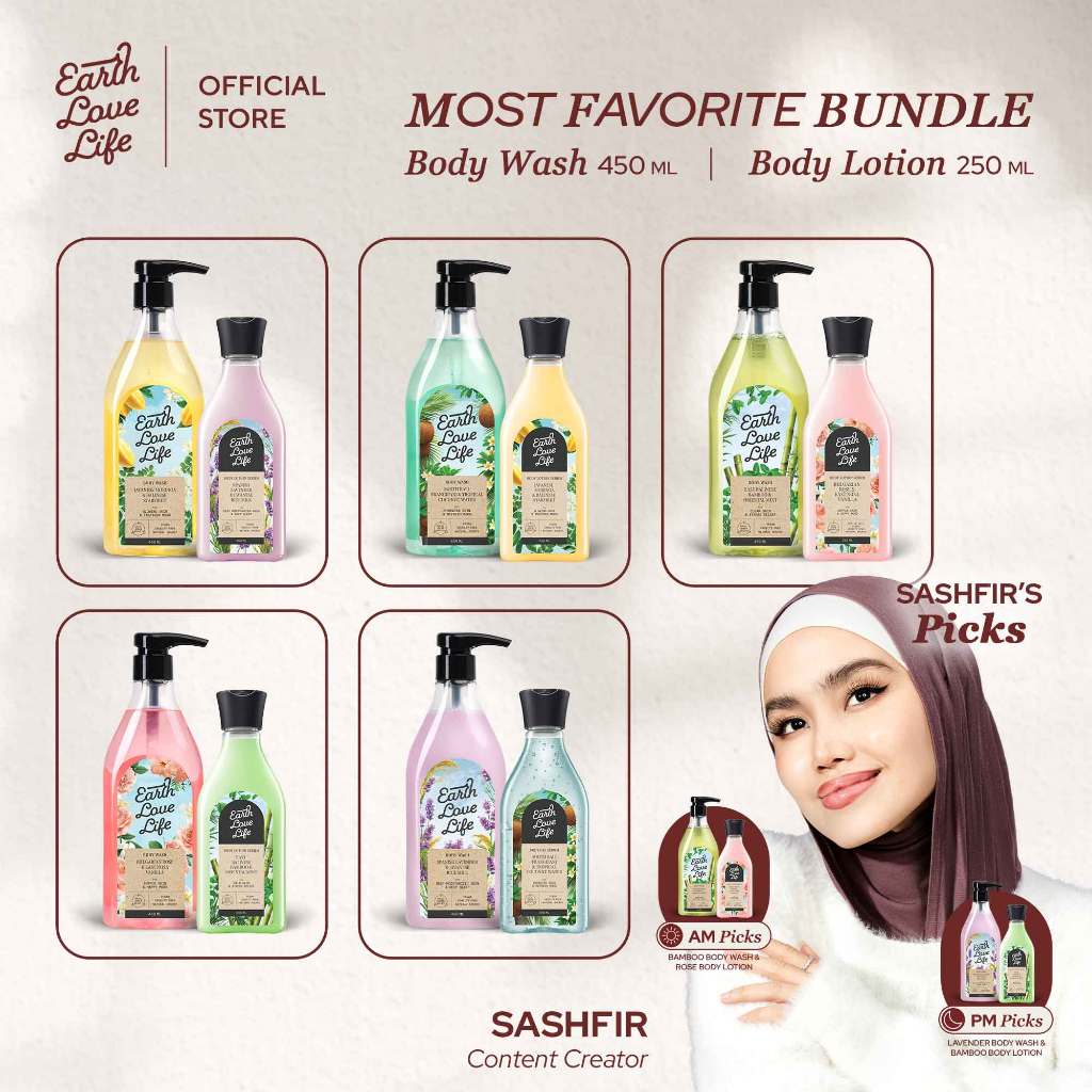 [AM & PM BUNDLE SET] Earth Love Life Body Wash 450ml & Body Lotion 250ml | Sabun Wangi | Sabun Mandi