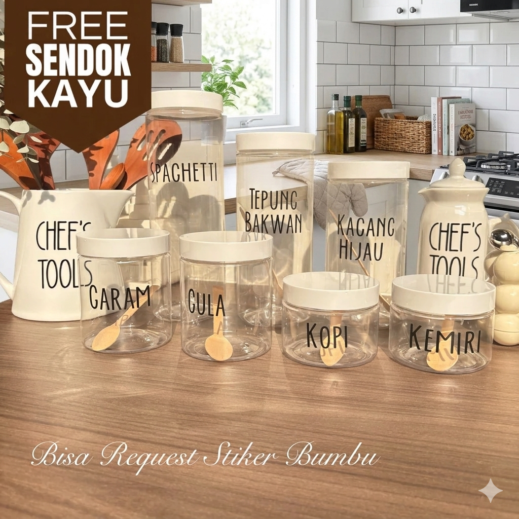 (Free Sendok Kayu) Anischa Toples Bumbu Dapur Tutup Putih Toples Estetik Free Stiker Cutting (EA htm