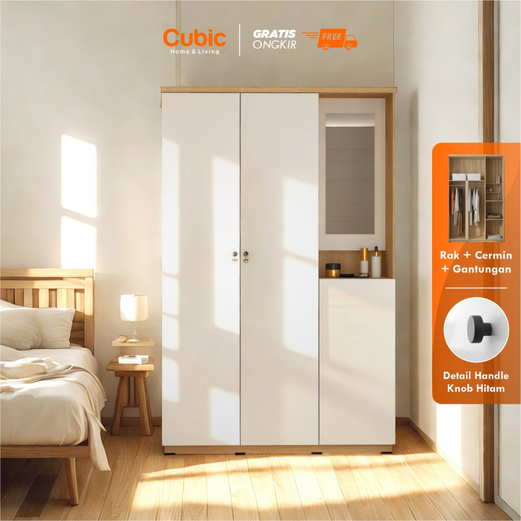 Cubic Lemari Pakaian Minimalis / Lemari Baju 3 Pintu / LUNA LPM 301