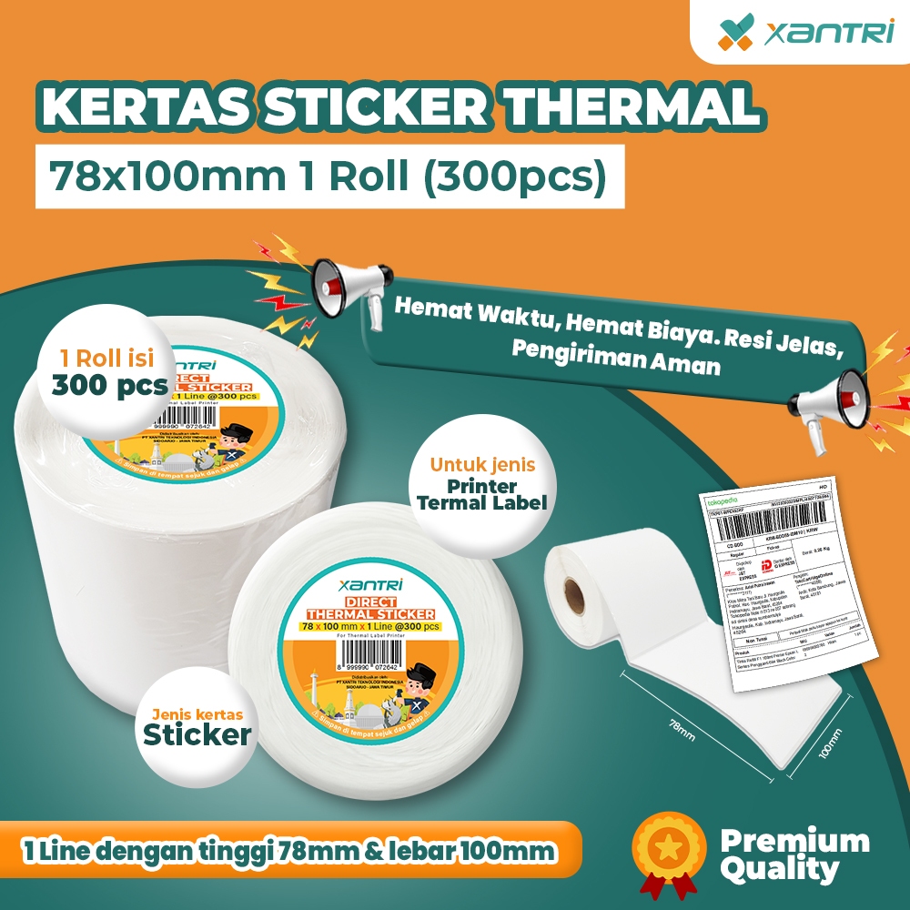 Xantri - Kertas Sticker Resi Label Thermal Barcode  78x100 isi 300pcs / 100x100 isi 500pcs / 100x150