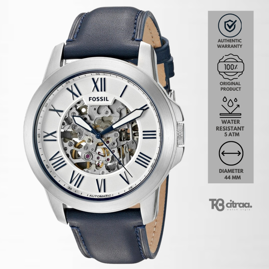 Jam Tangan Fossil Grant Automatic Pria Kulit Navy Blue Casual Sporty Original ME3111