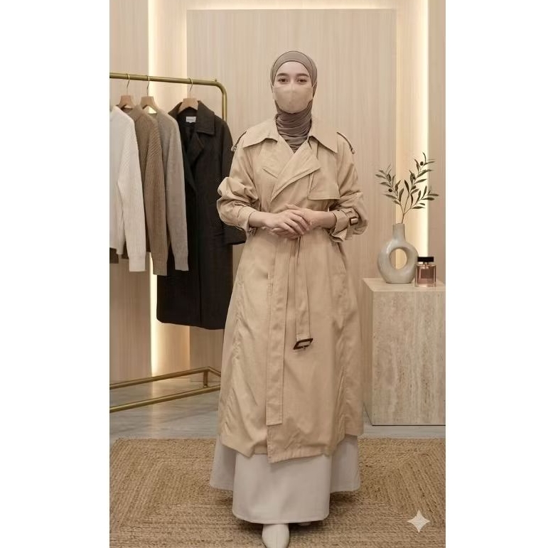 Trench Coat Wanita Panjang Premium Mocca | Outer Hijab Friendly Elegan | Long Coat Belted Preloved B