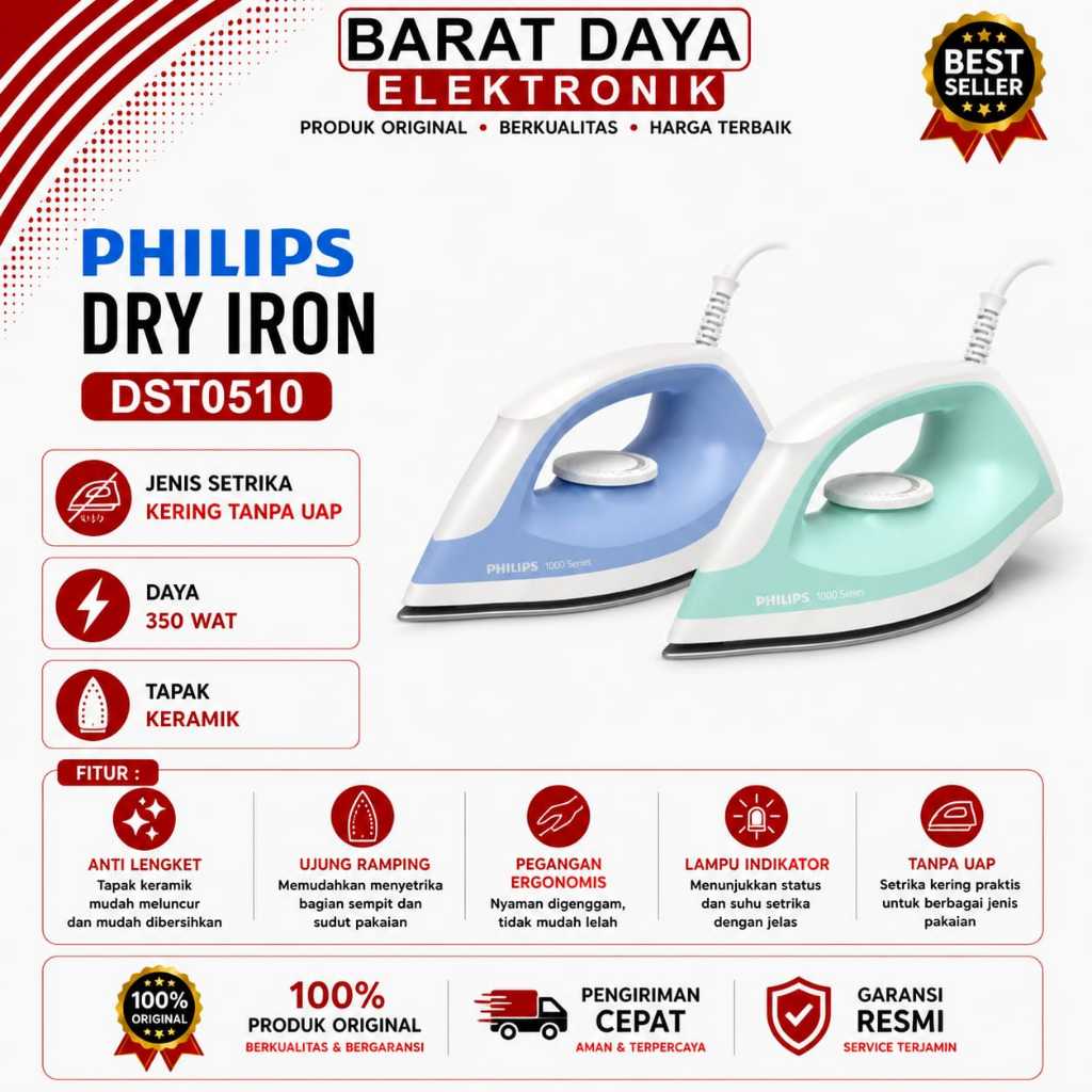 Philips Setrika Anti Lengket Philips DST0510 Gosokan Seterika Philips Terbaru Garansi Resmi