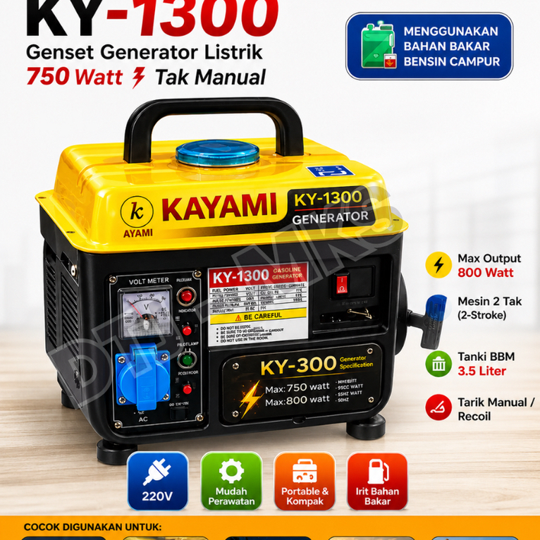 Genset Kayami KY-1300 750W 800W Generator Listrik Portable 2 Tak 220V Genset Mini Rumah Camping gens