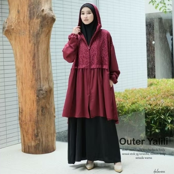 Jaket Wanita Jaket Muslimah Korea Motif Brukat Bertudung Resleting Jaket Umroh Traveling