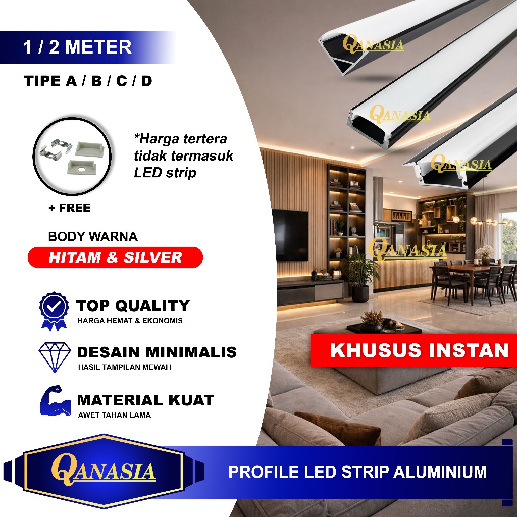 Profil Aluminium LED Strip 1M 2M Cover Diffuser Housing Lampu Minimalis