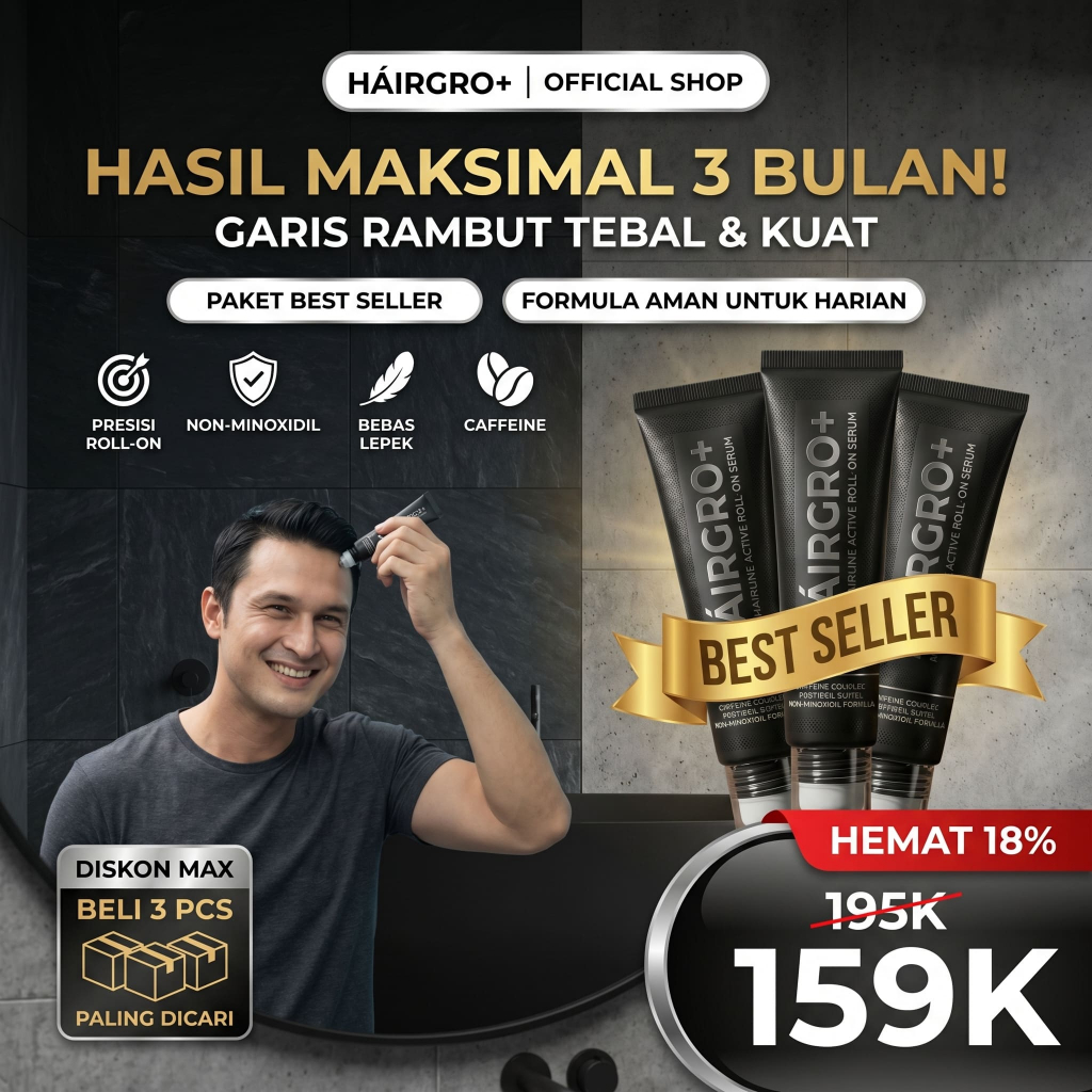 [BUNDLING HEMAT 3 PCS] HairGro+ Serum Hairline Pria 25ml Roll On untuk Rambut Tipis & Botak Depan