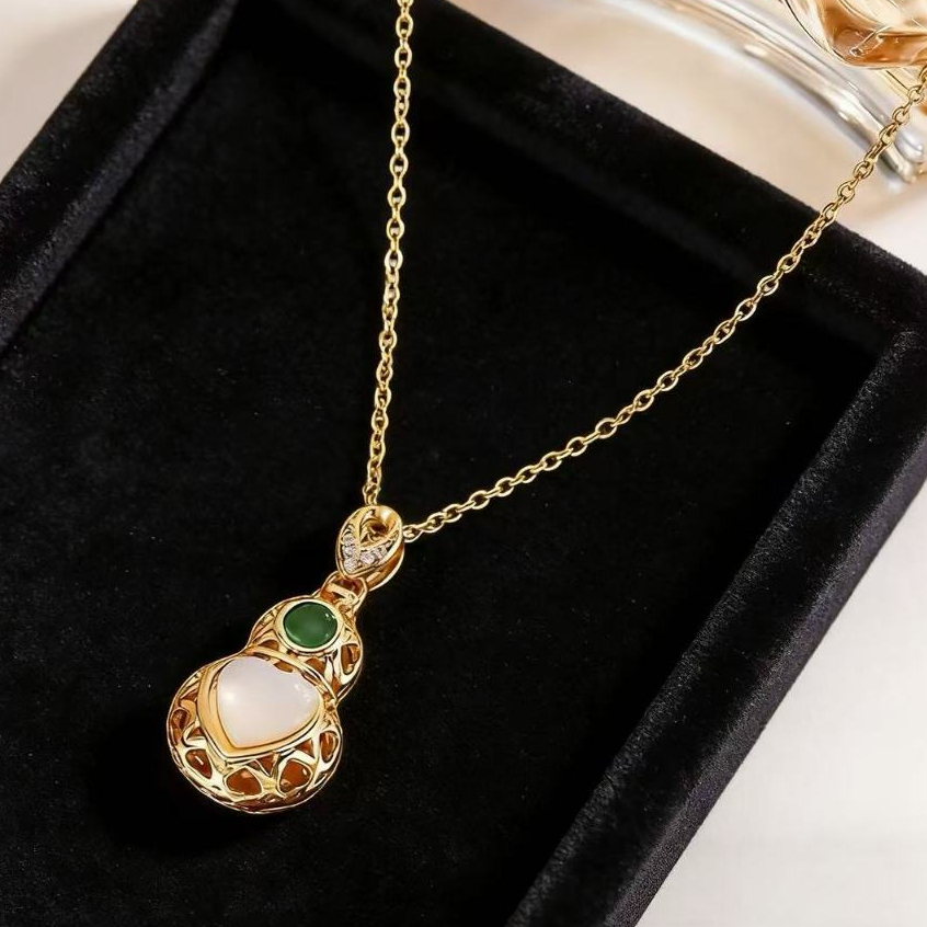 FF145[COD]Kalung Labu Giok Putih Emas Wanita Anti Karat, Perhiasan Stylish