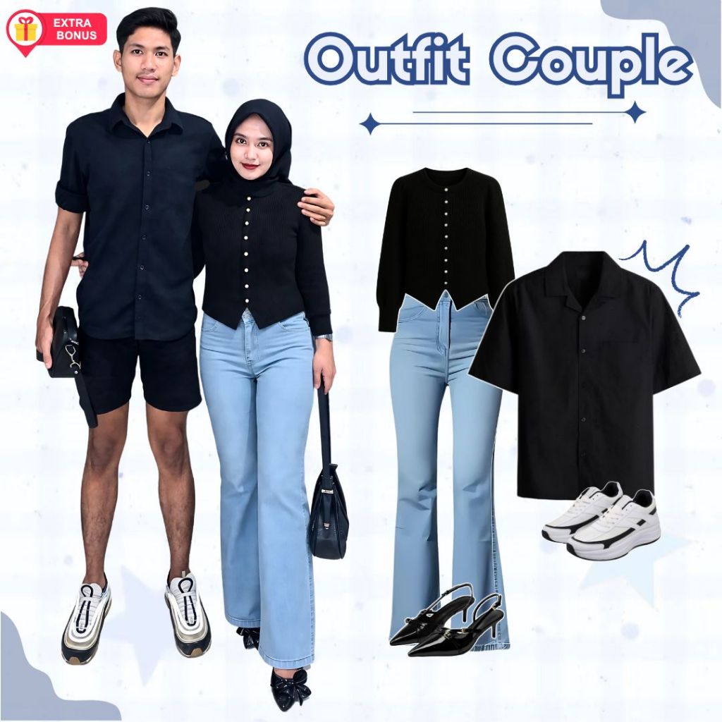 OneSet Couple Celana Cutbray Wide Leg Cardigan Hijab Segi Empat Wanita Kemeja Basic Lengan Pendek Po