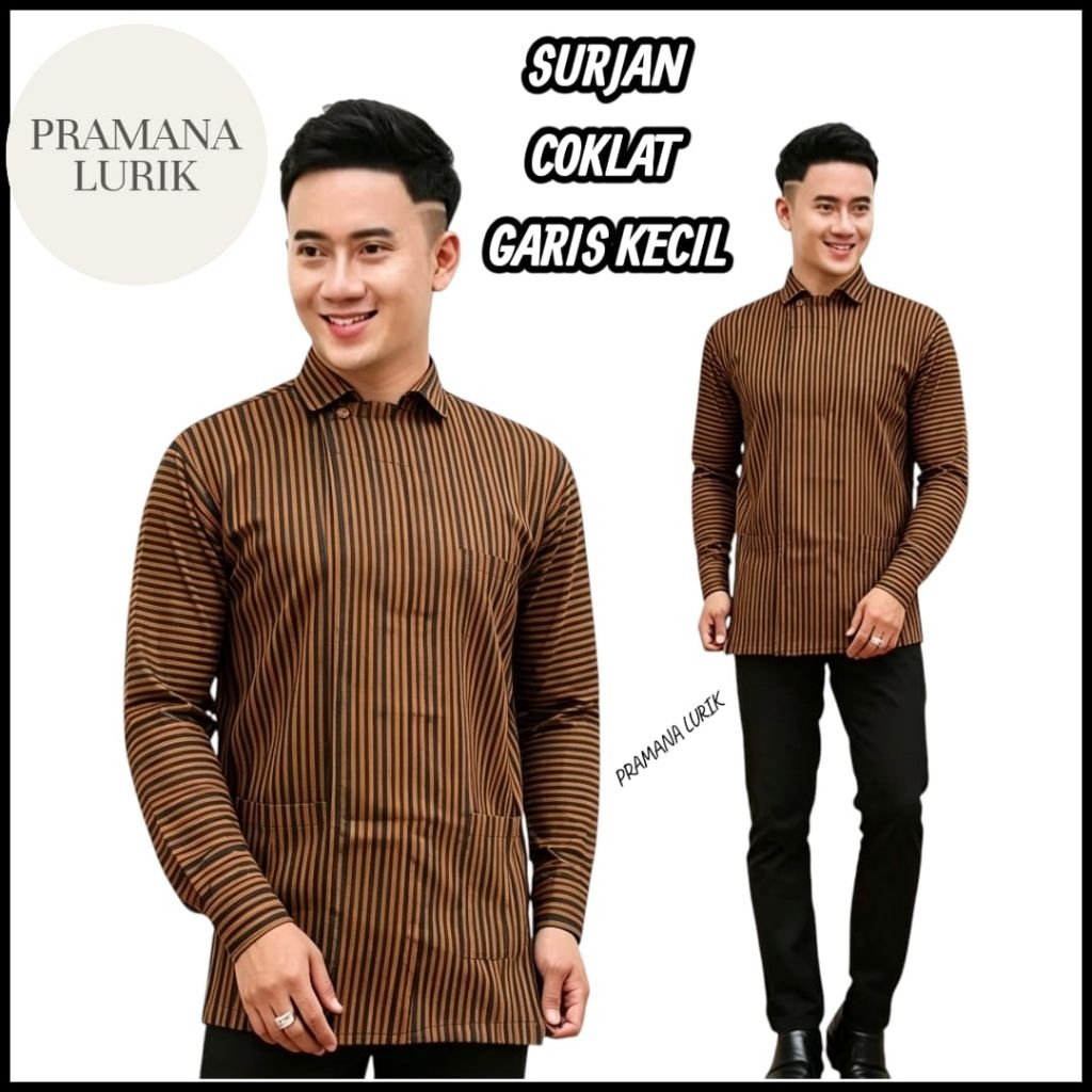 BAJU ADAT JAWA.PRIA DEWASA.BAJU SURJAN LURIK JAWA, COKLAT GARIS KECIL KAIN TENUN (DEWASA)