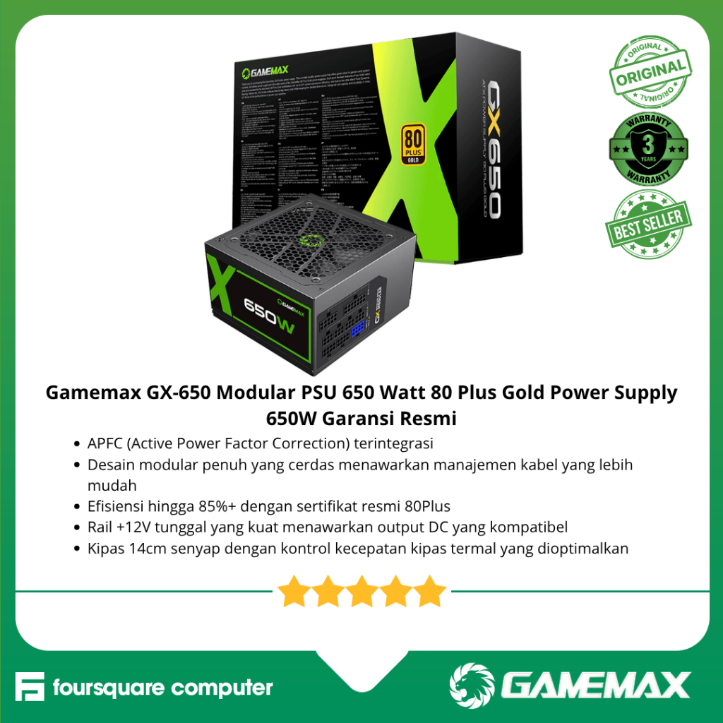 Gamemax GX-650 Modular PSU 650 Watt 80 Plus Gold Power Supply 650W Garansi Resmi