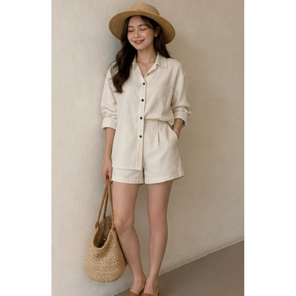 KEMEJA LINEN CREAM KANCING KELAPA 1 SET CELANA PENDEK CREAM MEWAH ALL SIZE BAJU 1 PASANG DENGAN CELA