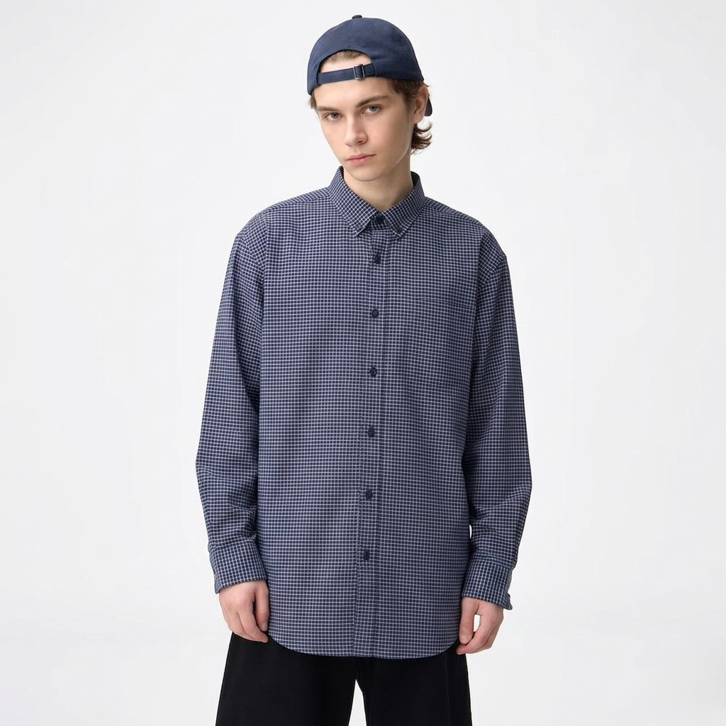 SPAO Original - Kemeja Pria Lengan Panjang Motif Kotak Navy Grid - Kemeja Kerja Pria SPAO Lengan Pan