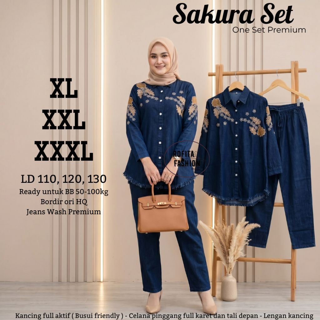 SAKURA SET JEANS Pakaian Wanita One Set Kekinian BB 50 - 100 KG LD 110 LD 120 LD 130 Perempuan