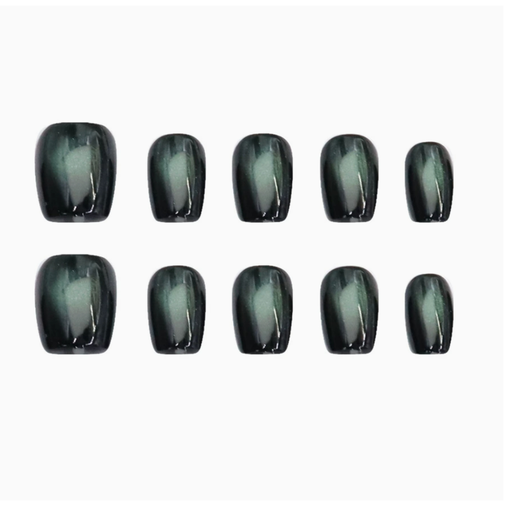 Kuku Palsu Press On Cat Eye Hijau Tua Pendek | Fake Nails Glossy Dark Green | Kuku Tempel Reusable S