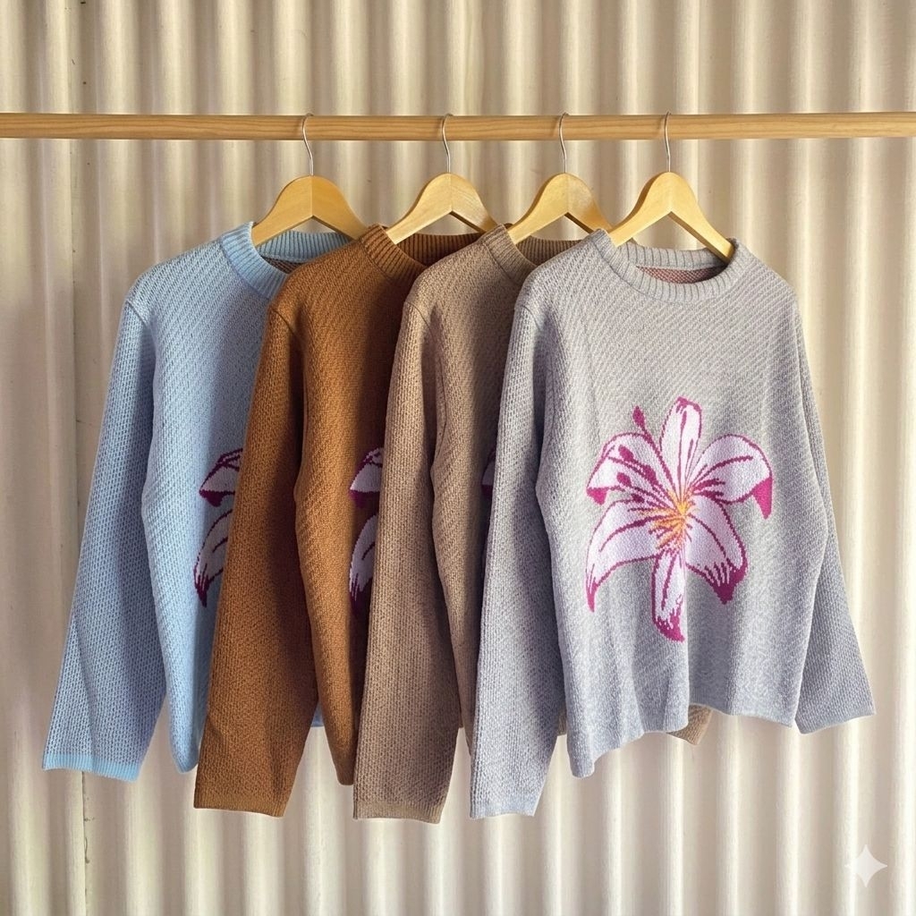 Sweater Rajut wanita Motif Bunga Lily, Atasan Rajut wanita premium Bunga Lily Oversize