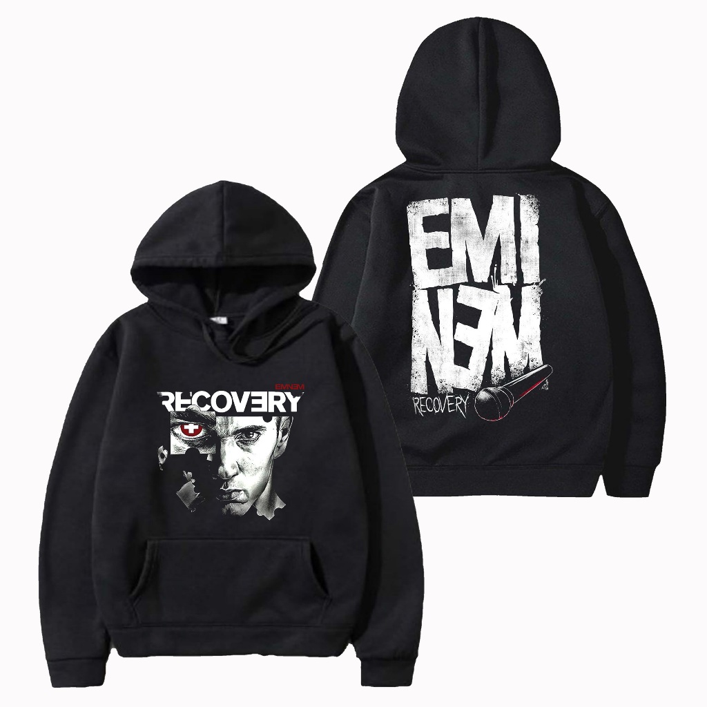 Hoodie EMINEM RECOVERY Sweater Pullover Warna Hitam Jaket Unisex Pria Wanita Jumper Fleece Original 