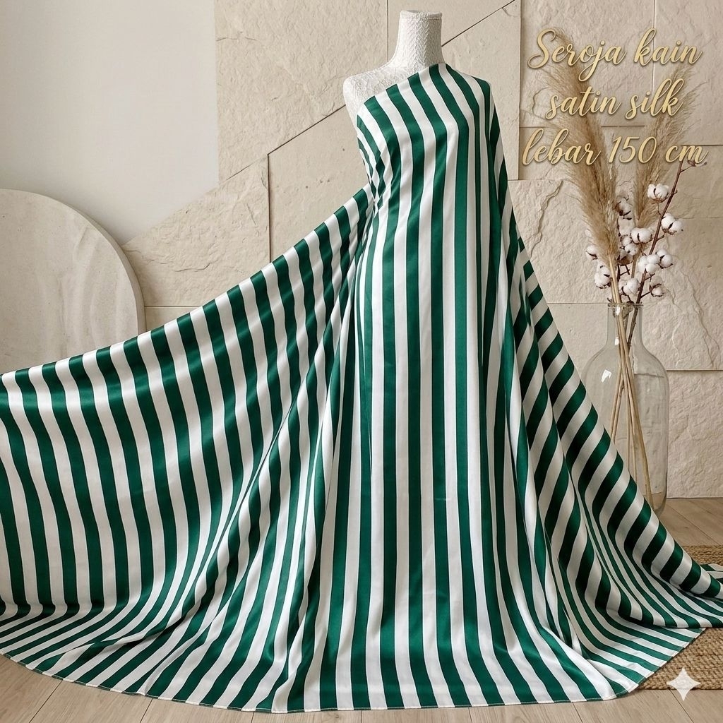 Kain Satin Maxmara Motif Salur Garis Putih Hijau Emerald - Bahan Lux Premium Meteran Kyt
