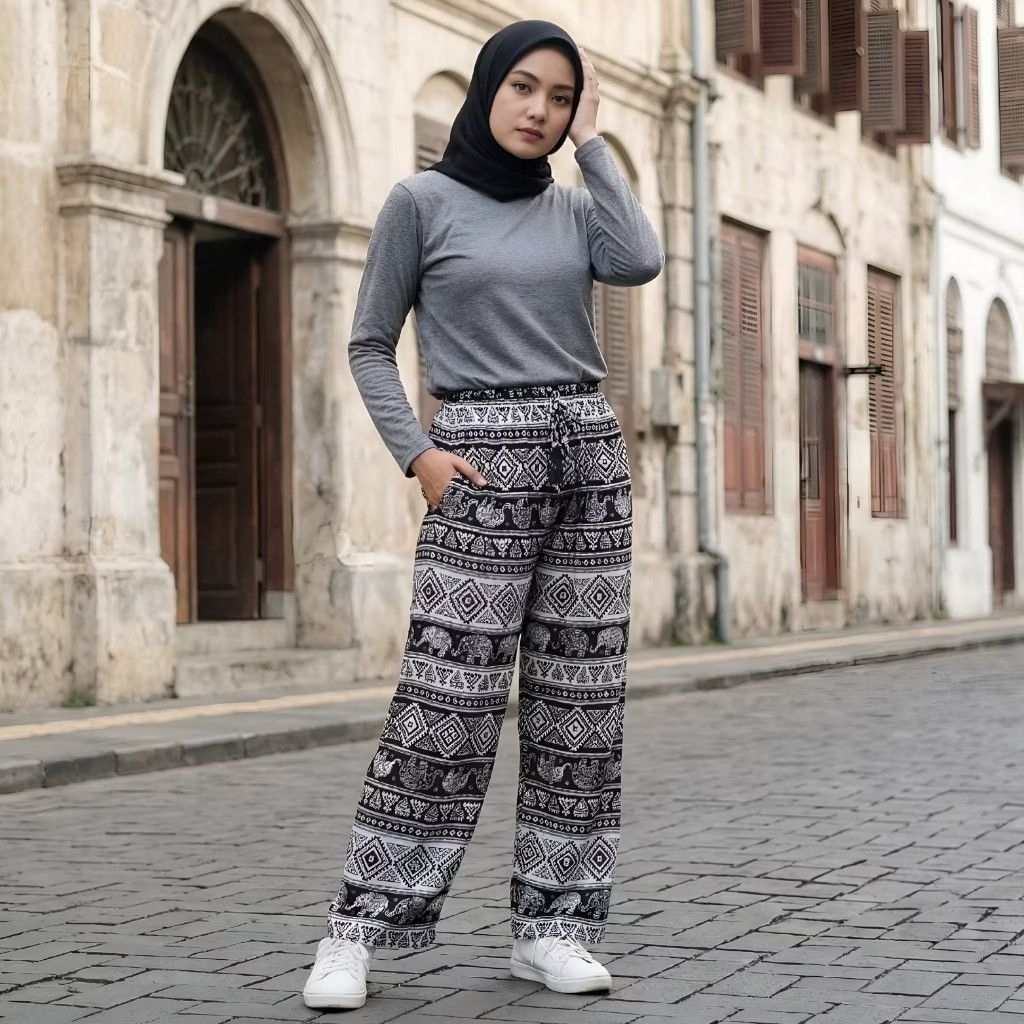 Celana Tidur Batik Kulot Panjang Motif Gajah Thailand Pria Dan Wanita Bahan Rayon