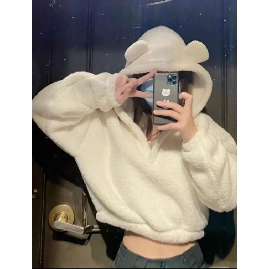 Sweater Hoodie Crop V Bear Sherpa Bulu Domba