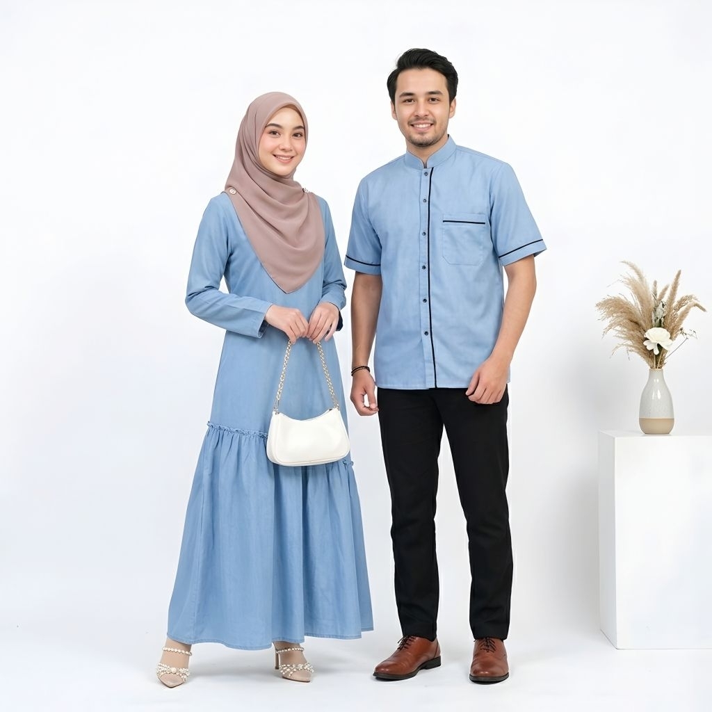 Couple Gamis Simple Basic Denim Baju Muslim Pasangan Suami Istri Ft