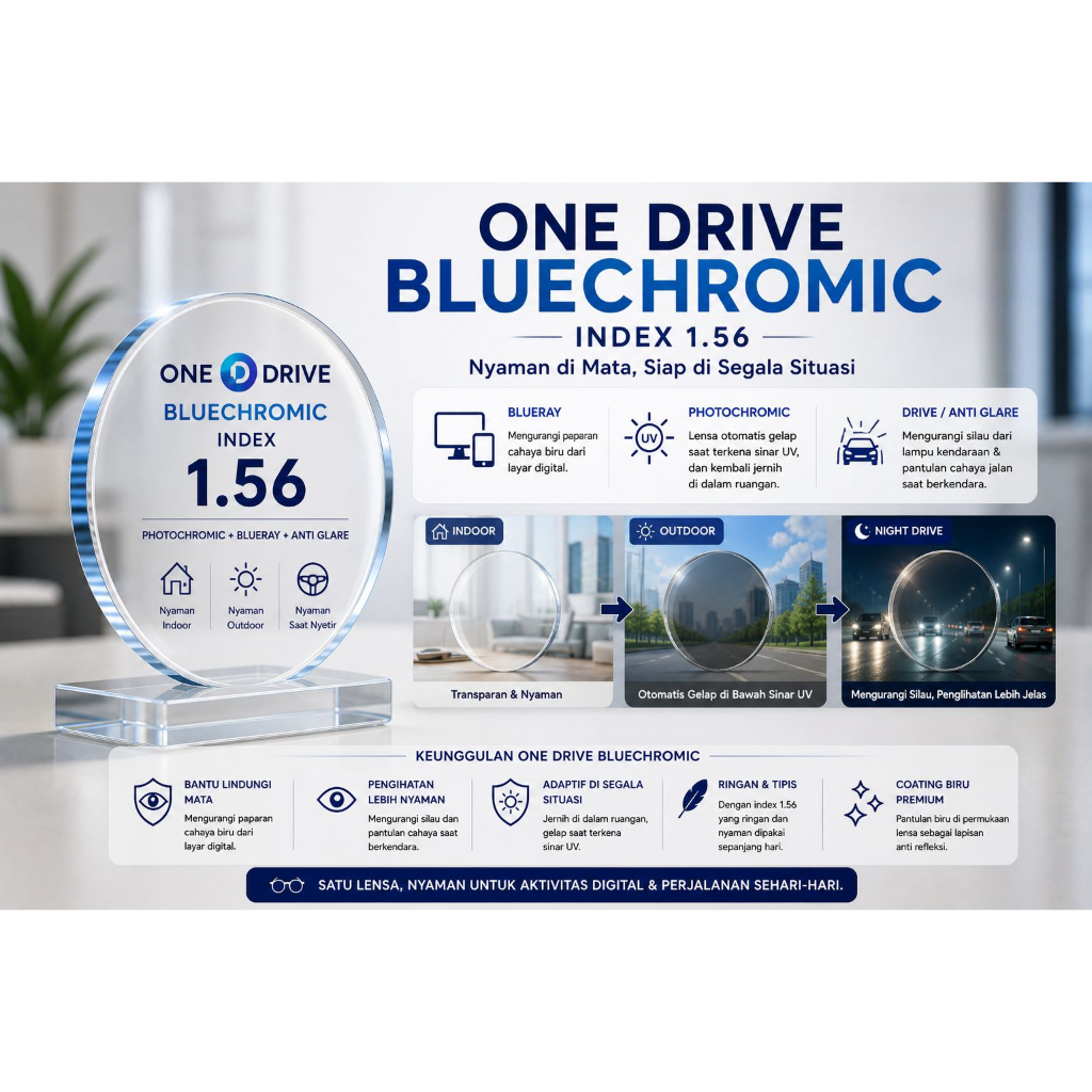Lensa One Drive Bluechromic (Photochromic + Blueray) Domas Index 1.56