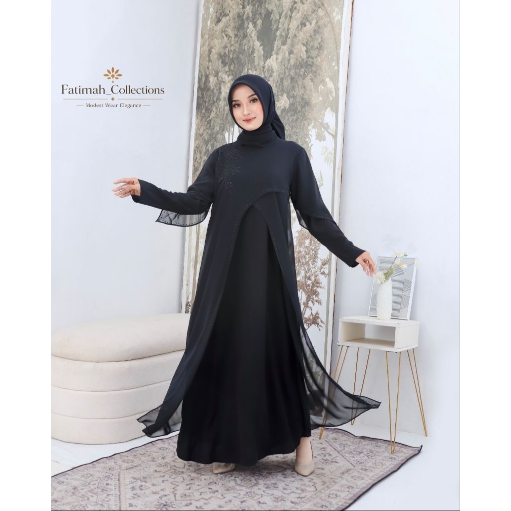 fatimah abaya aksen daun mutiara/long dress muslimah pesta remaja terkini