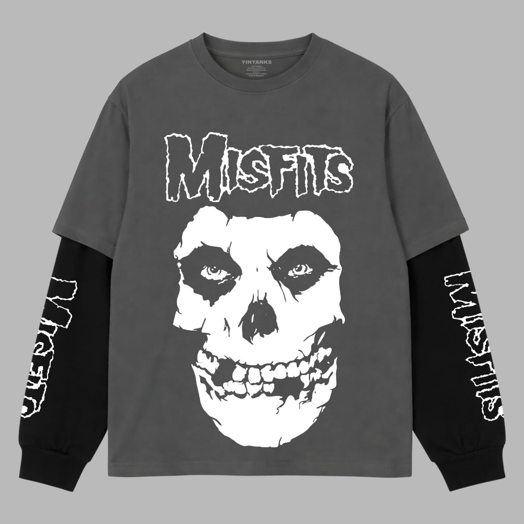 Yinyanks T-shirt Double layer Rib ST Misfits Skull kaos musik long sleeve pria wanita unisex
