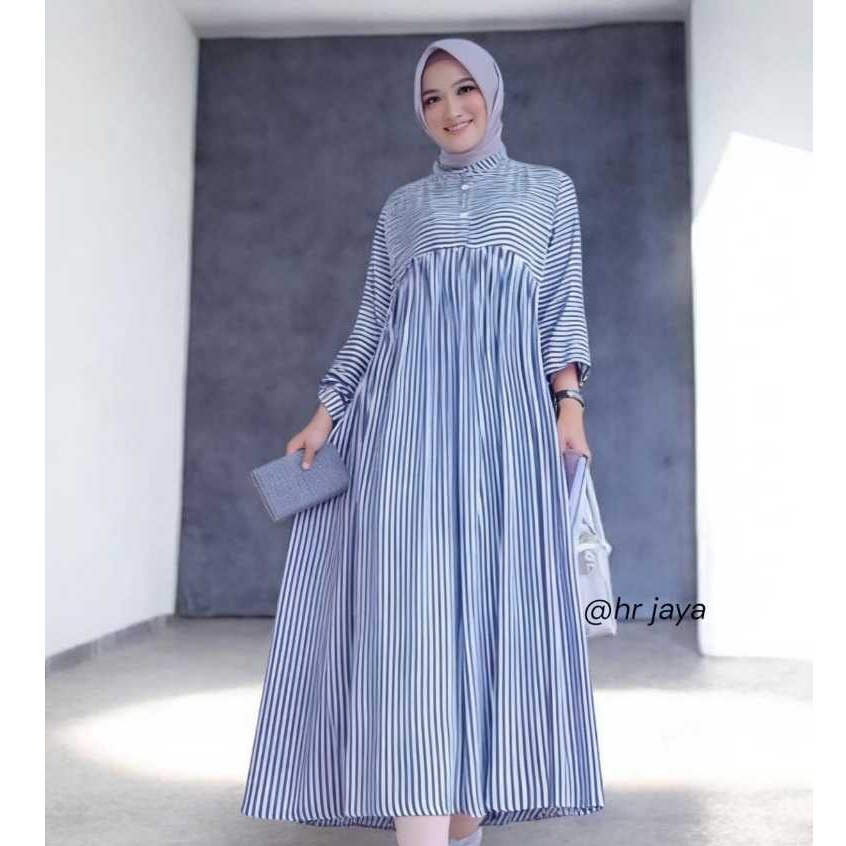 Midi Dress Bahan Katun Premium Terbaru Gamis Garis-Garis Lengan Panjang Fashion Muslim Kekinian Eleg