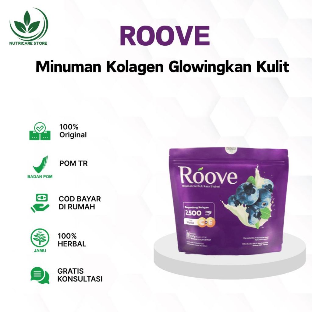 ROOVE Minuman Kolagen Menyehatkan Kulit Tulang Sendi Kuku Atasi Rambut Rontok Rasa Blueberry