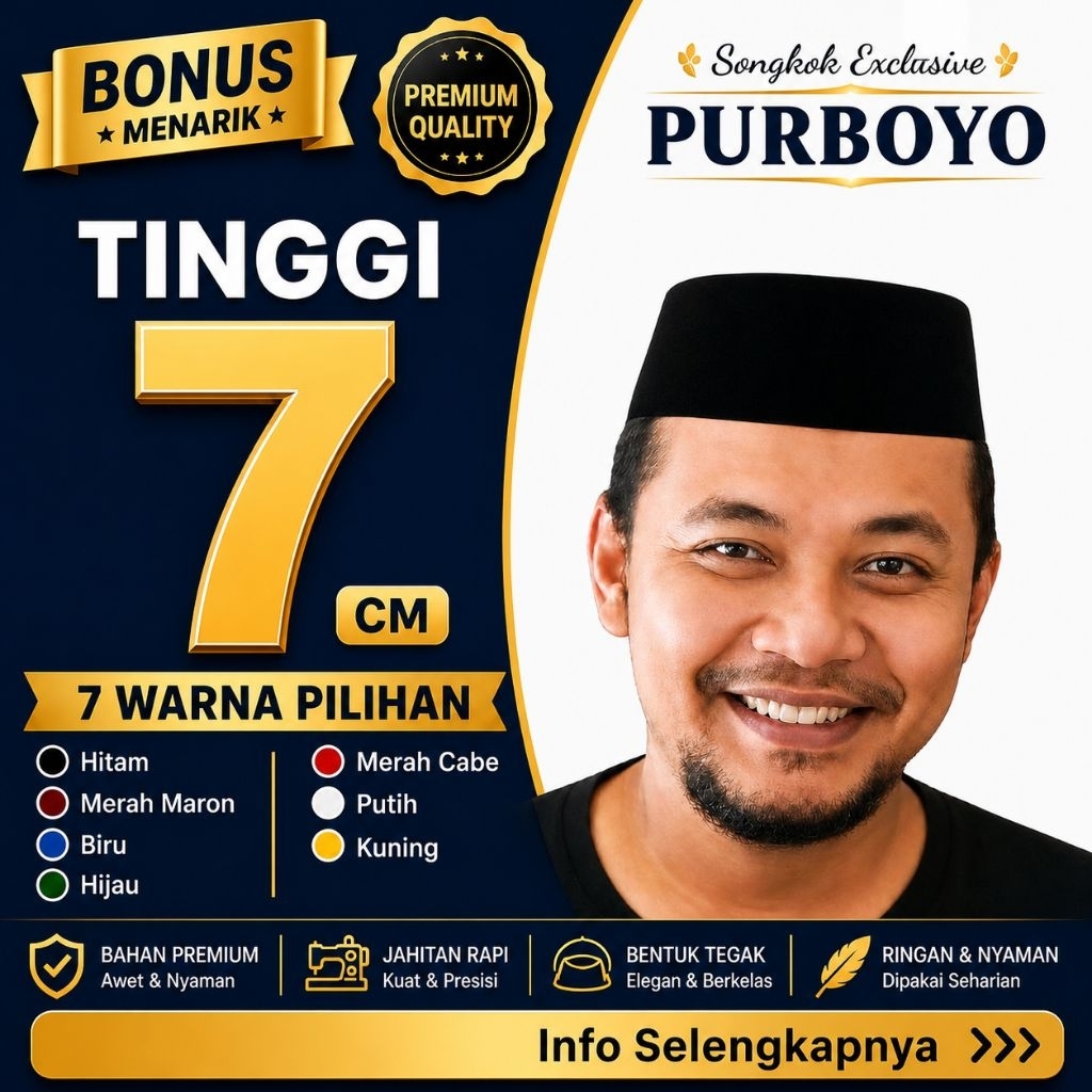 Peci Tinggi 7 cm - Bludru Halus Berkualitas Premium Model AC - Songkok Purboyo Kopiah Polos