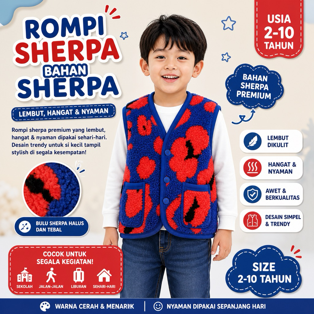 Rompi Anak Bulu Sherpa Lembut | Outer Hangat Motif Warna Cerah Usia 3-10 Tahun