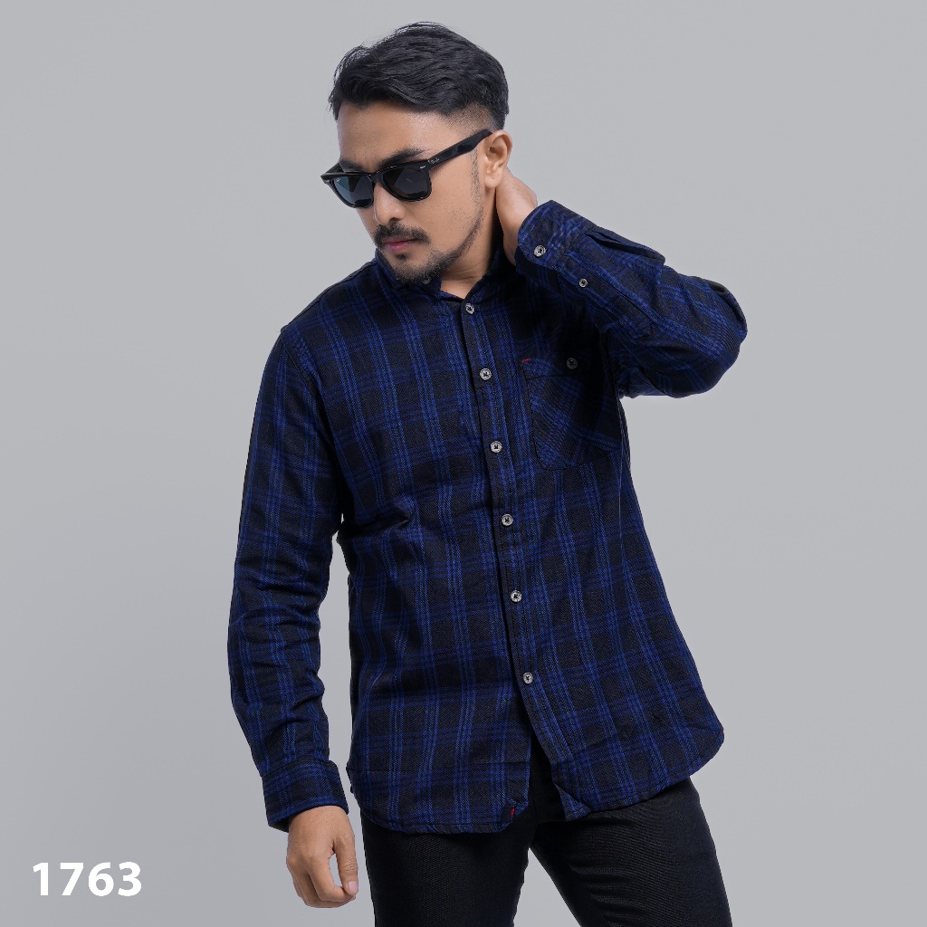 DGM Kemeja Pria Flanel Premium Hitam Garis Biru Kotak-Kotak 1763