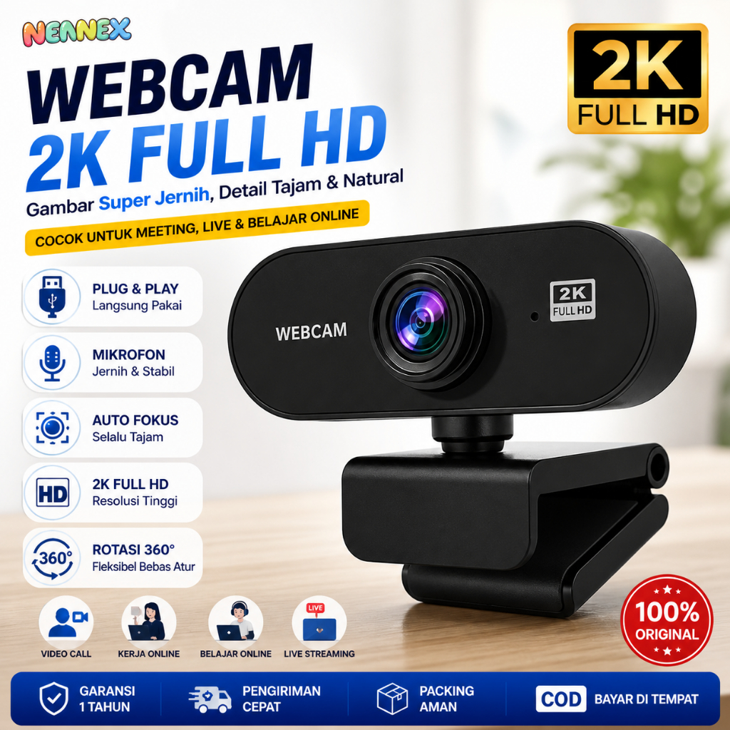 Nennex Webcam 2K 1440P PC Laptop Smart TV - Kamera Komputer Wide Angle 90 Mic Noise Reduction