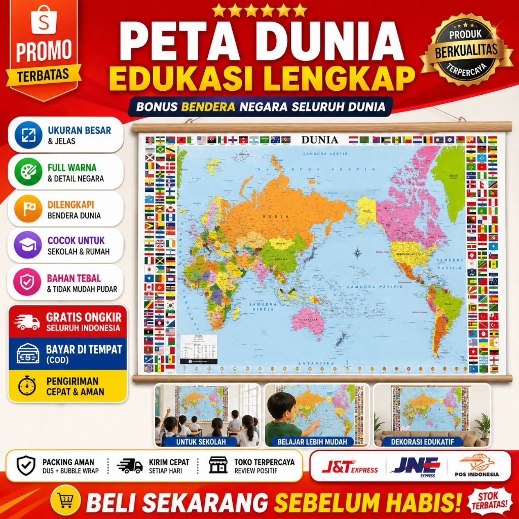 Peta Dunia Gantung Besar Edukasi Terbaru 2026 | Wajib Ada di Sekolah & kantor ,Rumah / Media belajar