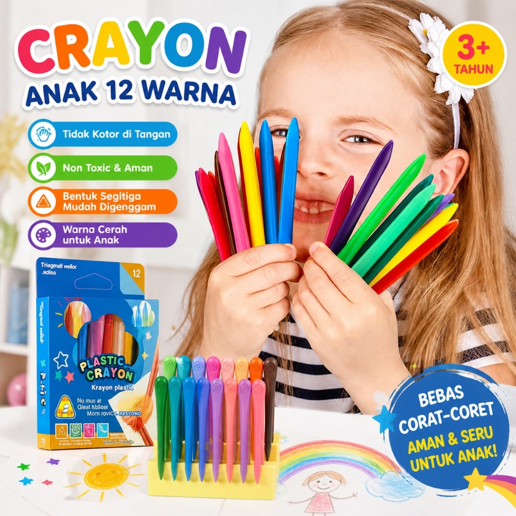 Crayon Anak 12 Warna Plastik Segitiga Washable Non Toxic Anti Kotor untuk TK PAUD