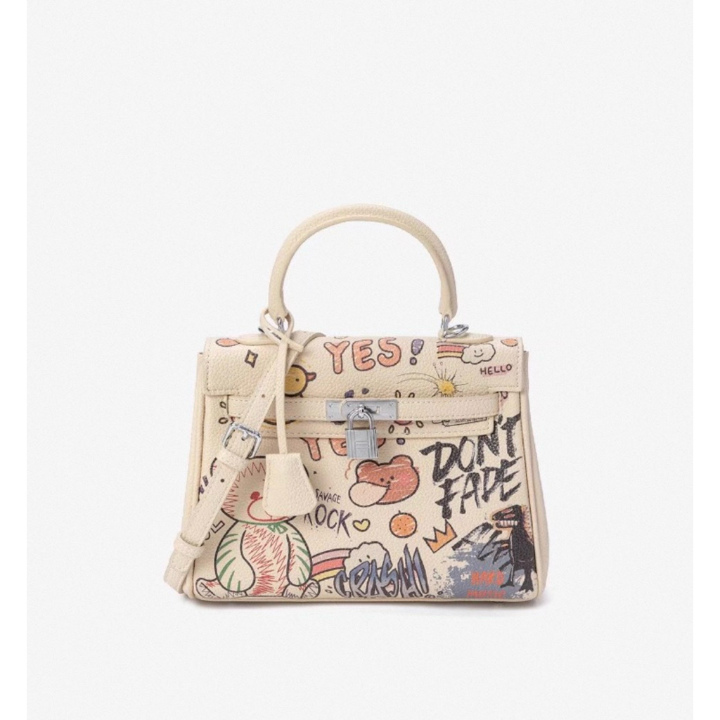 Tas Wanita Import Kulit Asli Little Bear Graffiti Kelly Bag – Mini Handbag Aesthetic Lucu Premium