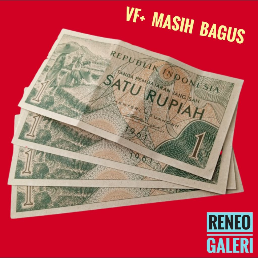VF+ Asli 1 Rupiah Seri sandang pangan tahun 1961 1960 Rp uang kertas kuno Indonesia duit jadul lawas