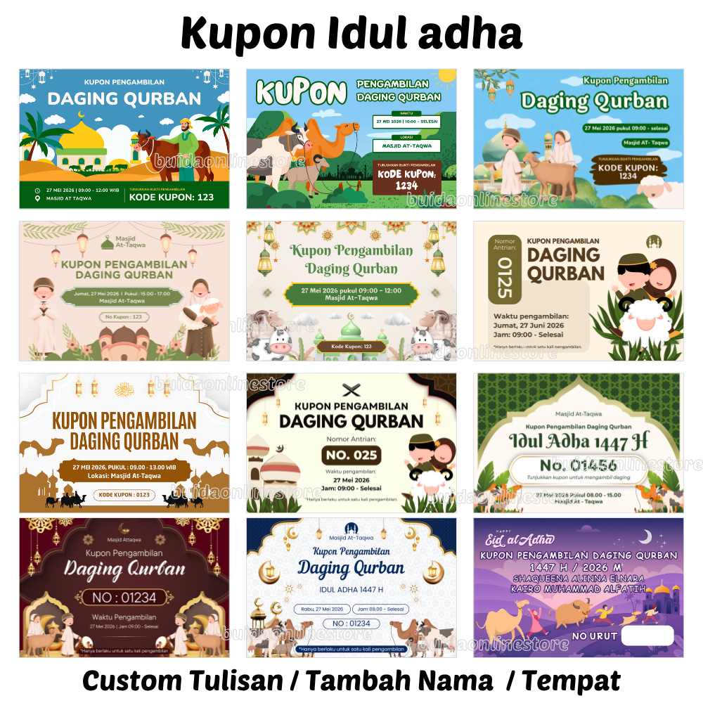 Cetak Kupon Pengambilan Daging Qurban Custom Nama dan Tulisan Happy Eid Al Adha Selamat Hari Raya Id