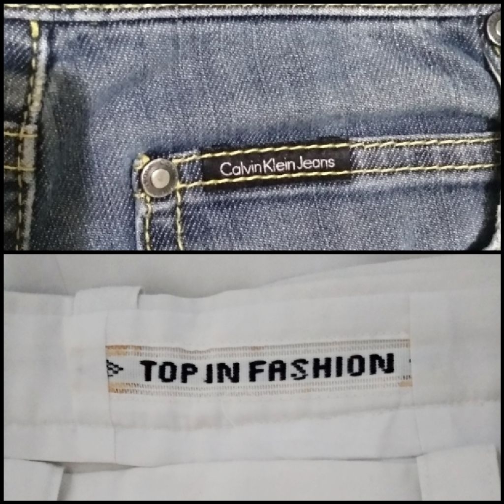 SALE -PL- 90k dpt 2 celpanj: cel jeans C4LV1N KLE1N ori & cel bahan warna putih