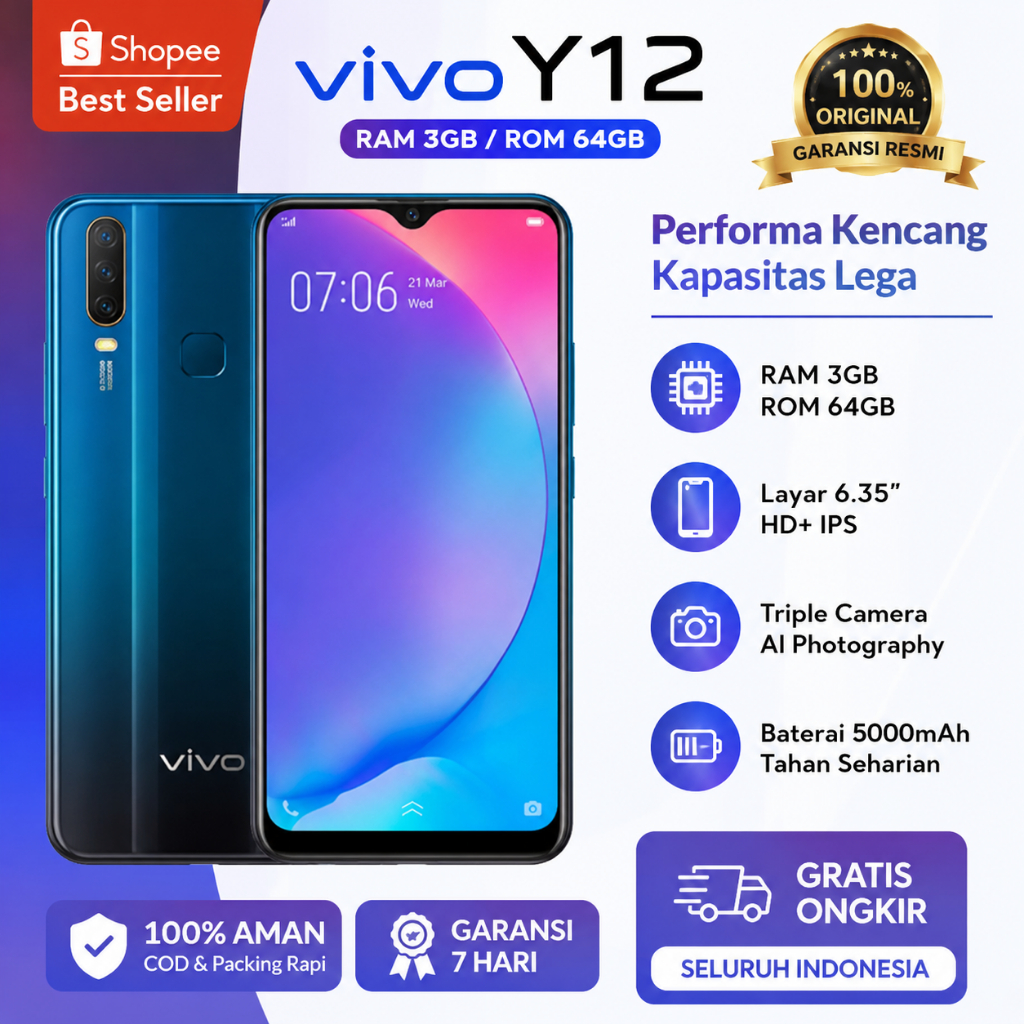 HP VIVO Y12 3/64 SECOND Murah Baterai Kuat Kamera Jernih Normal Tested 100%Android