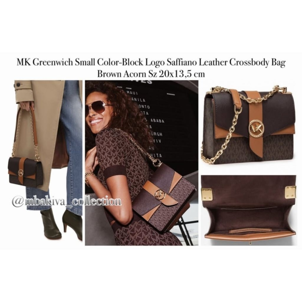MK Greenwich Small Color-Block Logo Saffiano Leather Crossbody Bag Brown Acorn