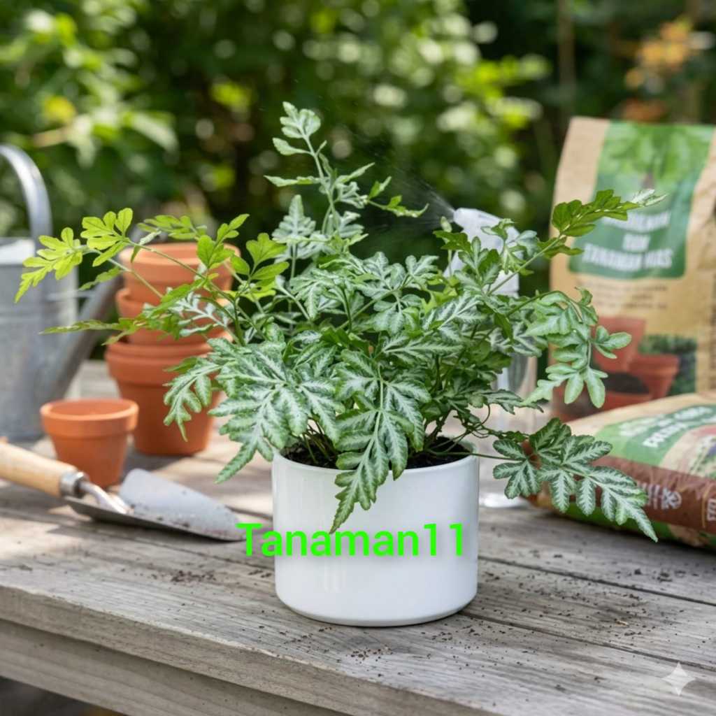 Tanaman pteris cretica varigata plus pot