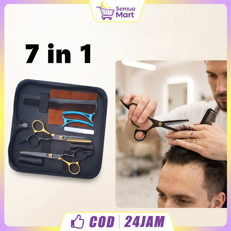 Set 7 in 1 Gunting Rambut Kasho Silver 6 Inchi Ergonomis dengan Tas Penyimpanan Alat Cukur Rambut