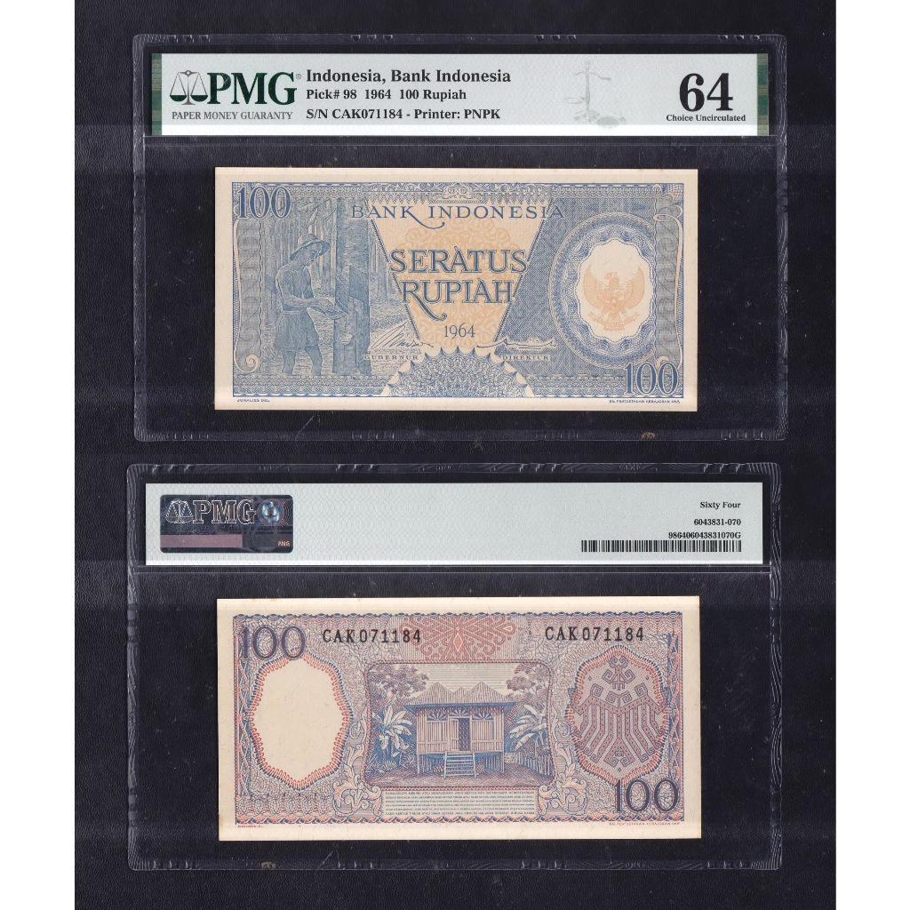 Uang kuno PMG 64 - 100 Rupiah (biru) tahun 1964 seri Pekerja-2 S/N CAK071184
