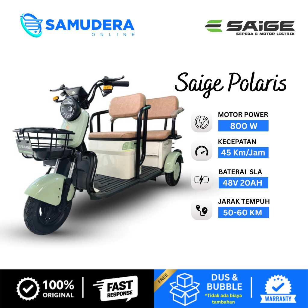 Sepeda Listrik Roda 3 SaiGe Polaris 48V Dewasa Bajaj 800W Anti Air Bentor Ebike Terbaru 2025 Garansi