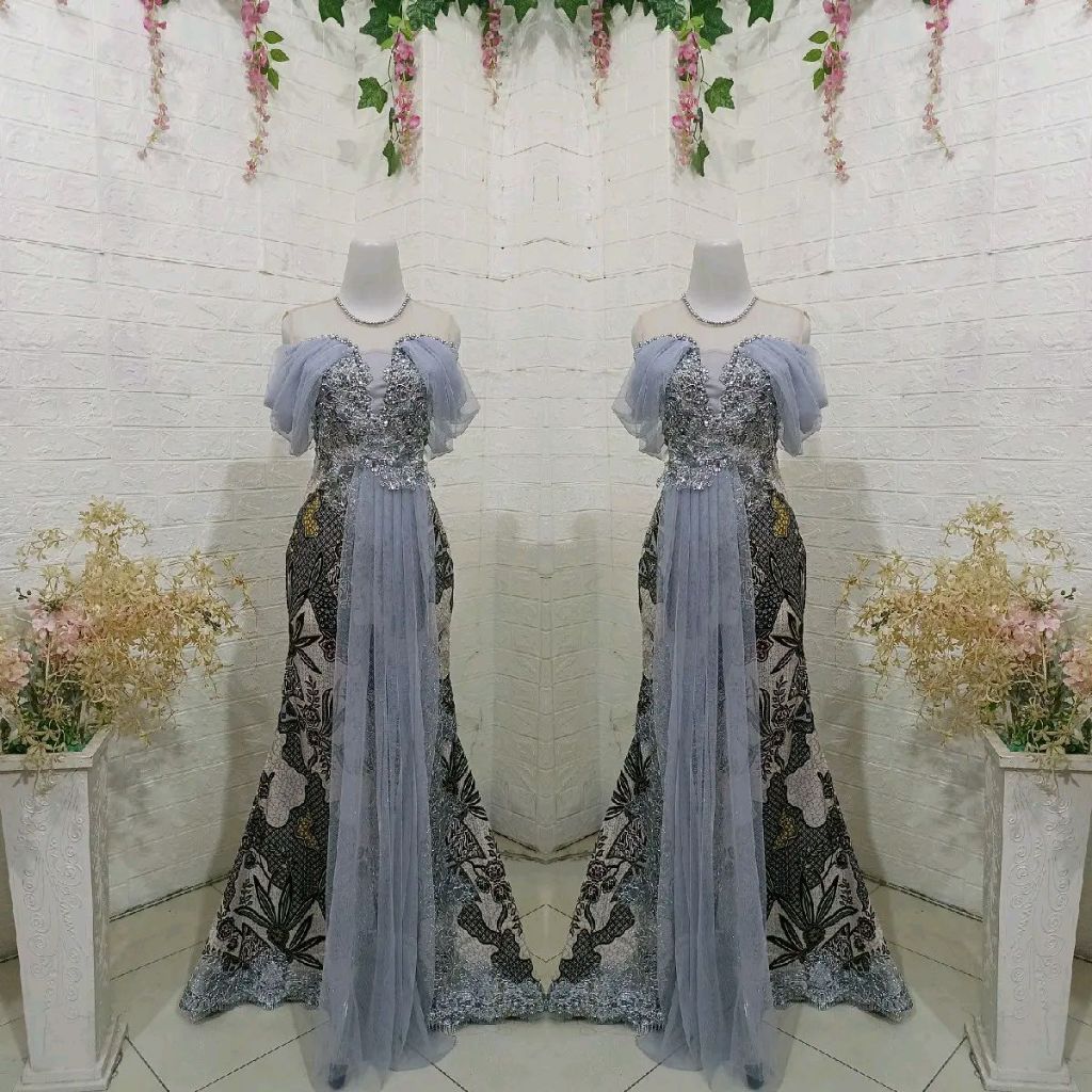 REVALINA 0089//Duyung Batik Street Silver Lengan Draperi // Dress Pesta // Gaun Panjang Wanita Canti