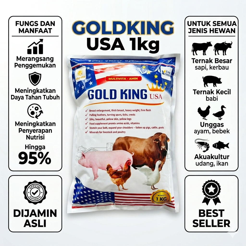 Gold King USA Penggemuk Ternak Organik – Sapi, Kambing, Ayam & Ikan Cepat Gemuk