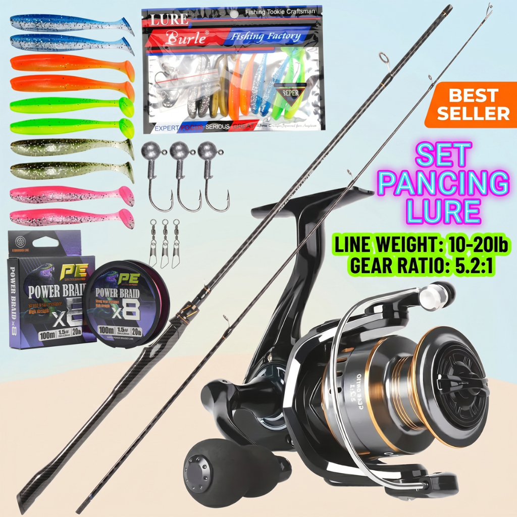 SET ALAT PANCING LENGKAP Joran Pancing Carbon & Reel Spinning Gear Ratio 5.2:1 + Senar PE 8X 100M + 