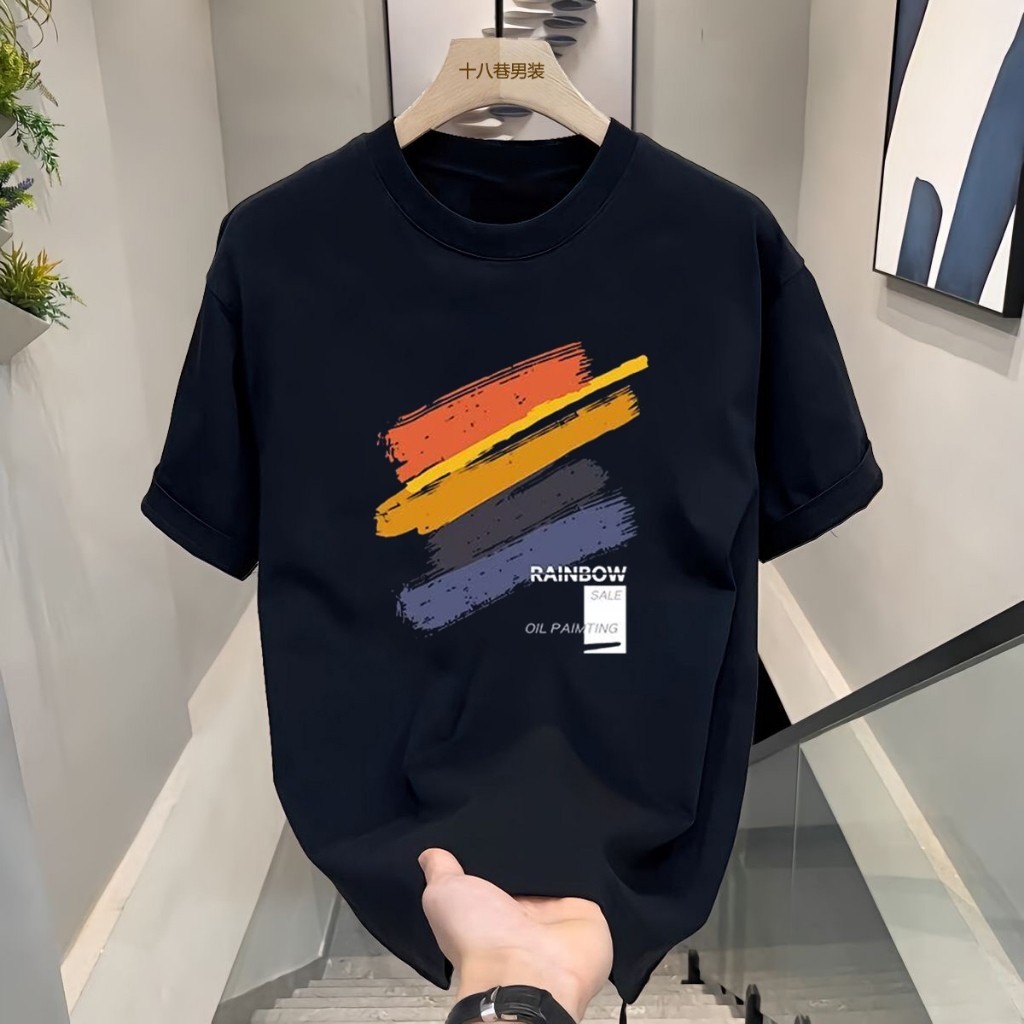 Baju Kaos Distro Pria 100% Katun Motif Garis Cat Ikonik Hitam Putih